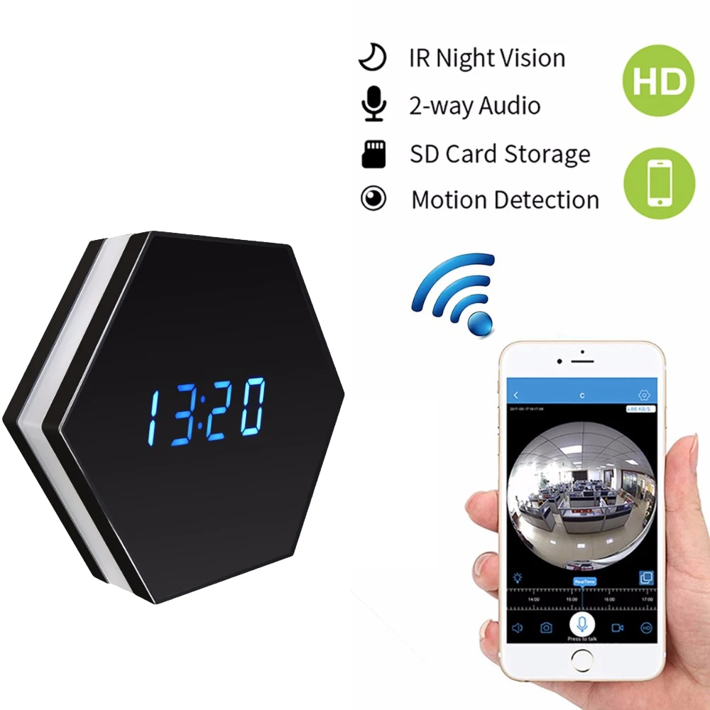 

Wifi Wireless Mini Camera Clock HD 1080P Smart Mirror Clock IP Night Vision Two-Way Audio Motion Detection Colorful LED Light