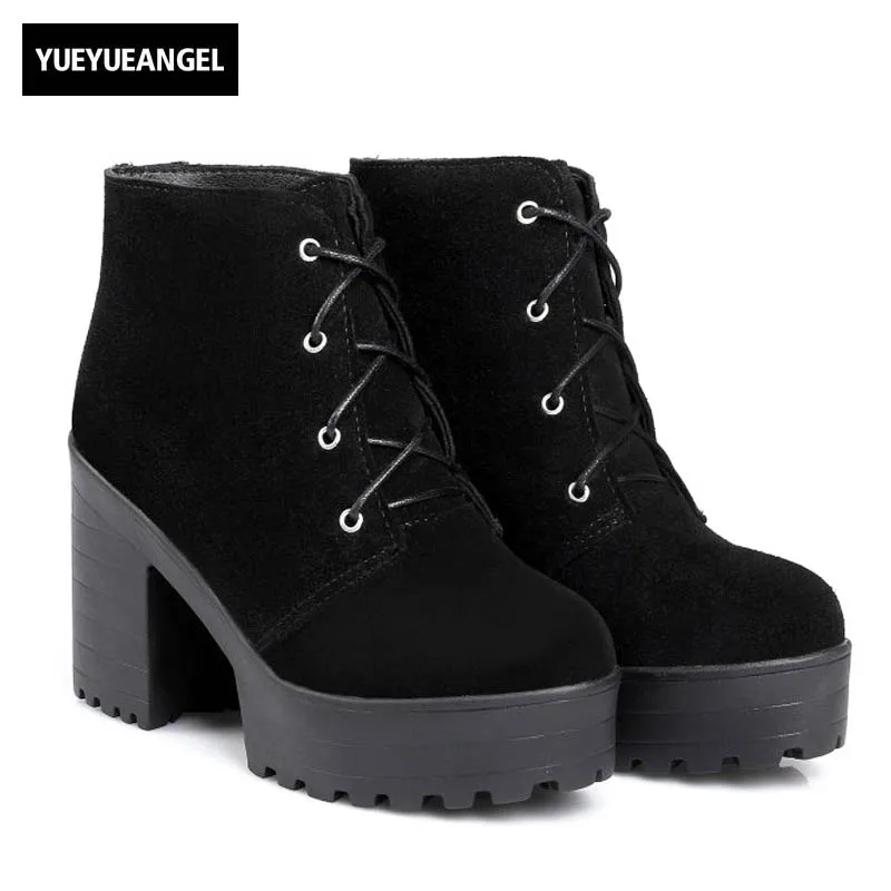 

Winter Cow Suede Womens Ankle Boots Thick High Heel Platform Retro Preppy Riding Boots Lace Up Zapatos Mujer Round Toe Footwear