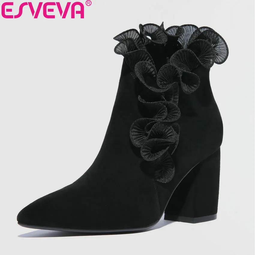 

ESVEVA 2019 Women Boots Slip on Square High Heels Shoes Ankle Boots Basic Sewing Kid Suede Flock Winter Woman Shoes Size 34-42