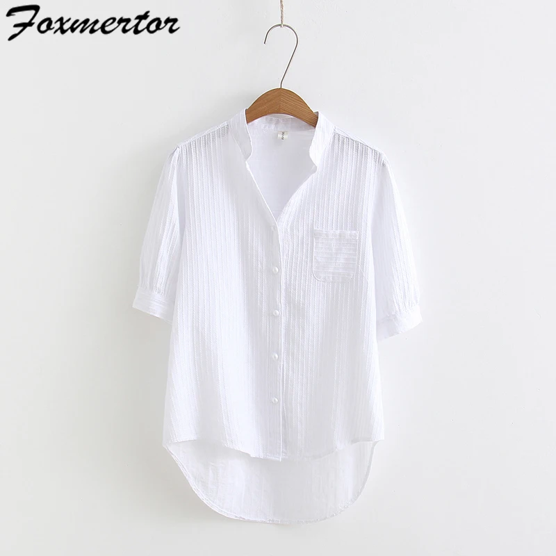 

Foxmertor 100% Cotton Shirt White Blouse 2019 Spring Summer Blouses Shirts Women Half Sleeve Casual Tops Solid Pocket Blusas 2XL