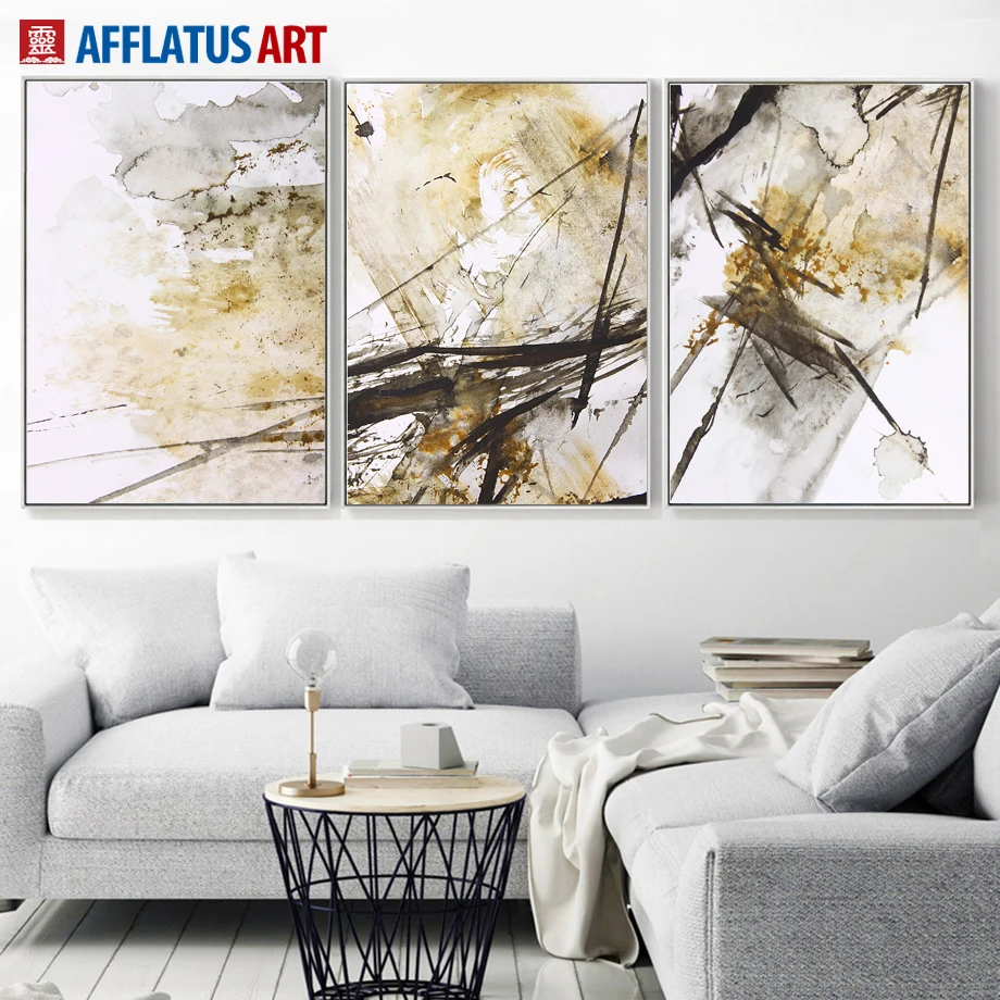 

Triptych Watercolor Abstract Ink Lines Canvas Painting Wall Art Printing Poster Oil Painting Style Wall Pictures For Living Room