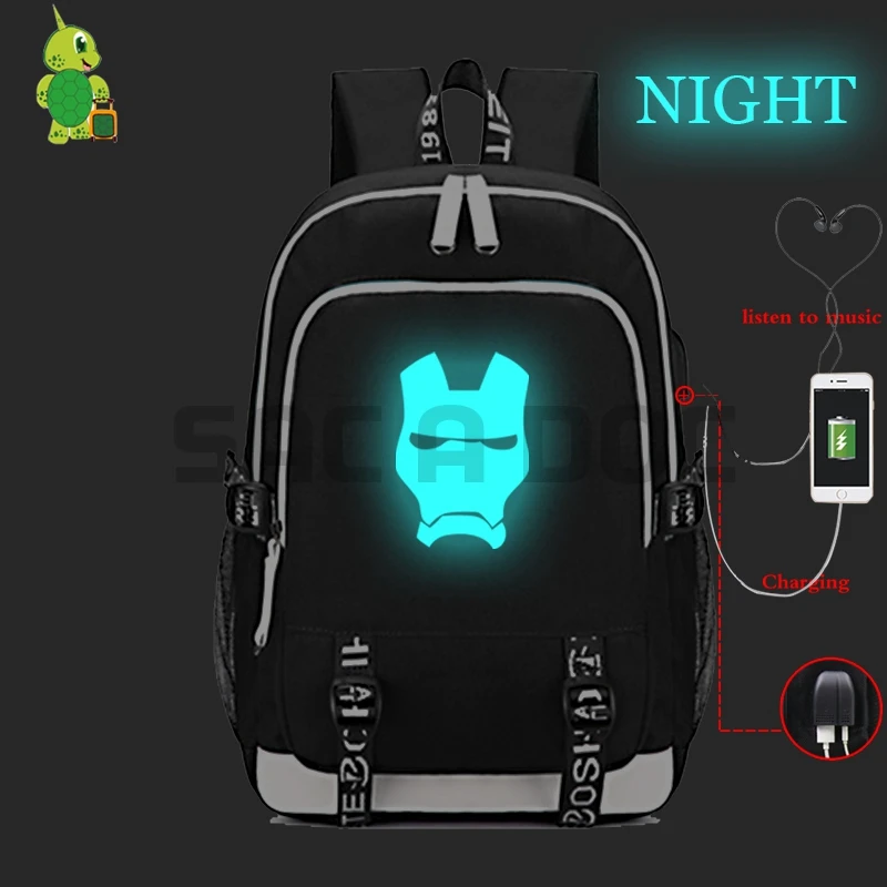 Мстители Железный человек usb зарядка Рюкзак для ноутбука для подростков девочек мальчиков светящиеся школьные сумки многофункциональный рюкзак для путешествий