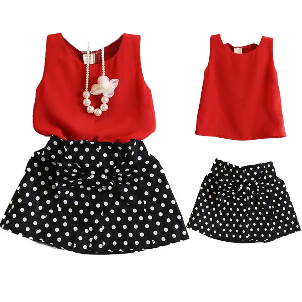 Tops Bowknot Dot Skirt Clothes Girls Baby Kids Outfits Set Children