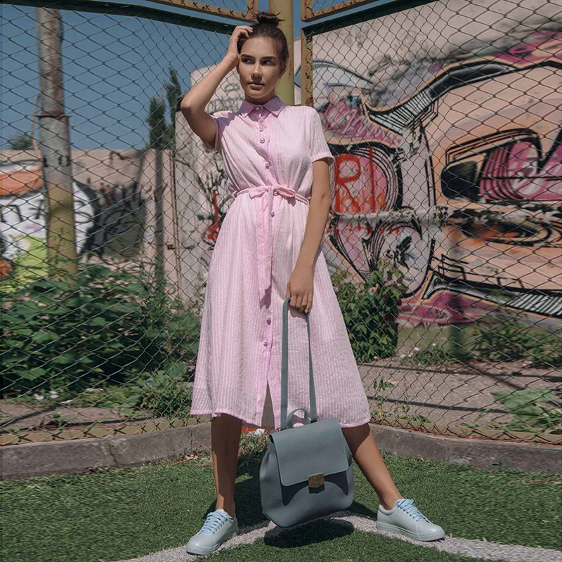 Женское Повседневное платье-рубашка в полоску винтажное платье до колена с