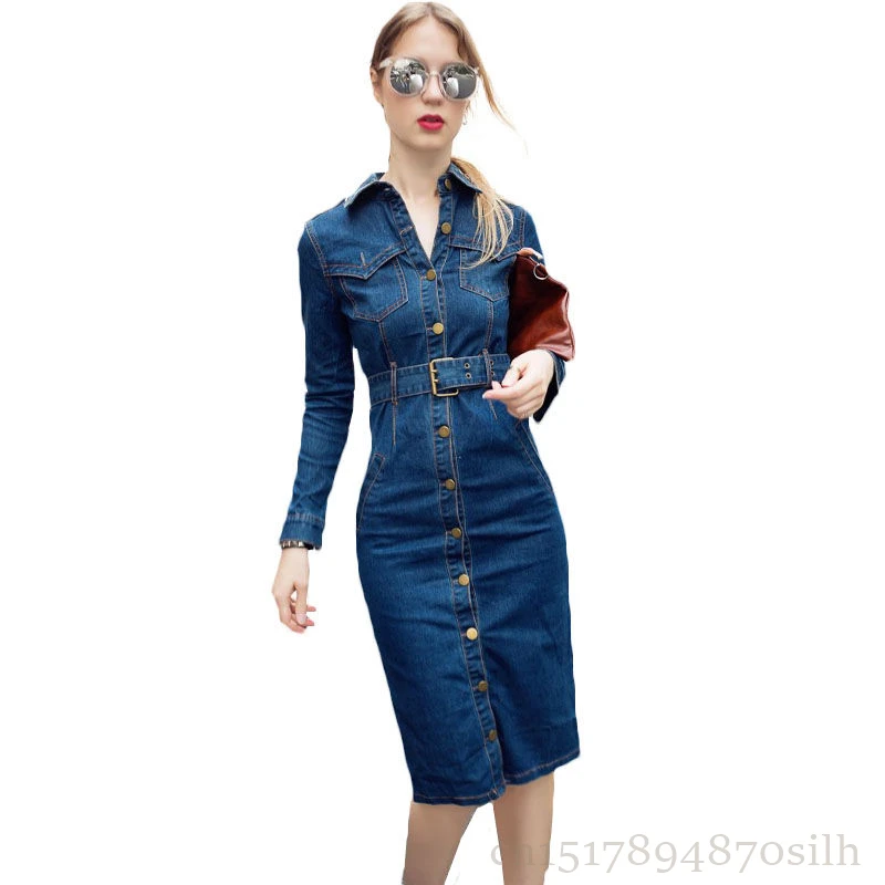 2018 NEW Spring Summer Shirt Dress Women Vintage Long Sleeve Jeans Dresses Girls Fashion Package Hip Plus Size 6XL Denim Dress