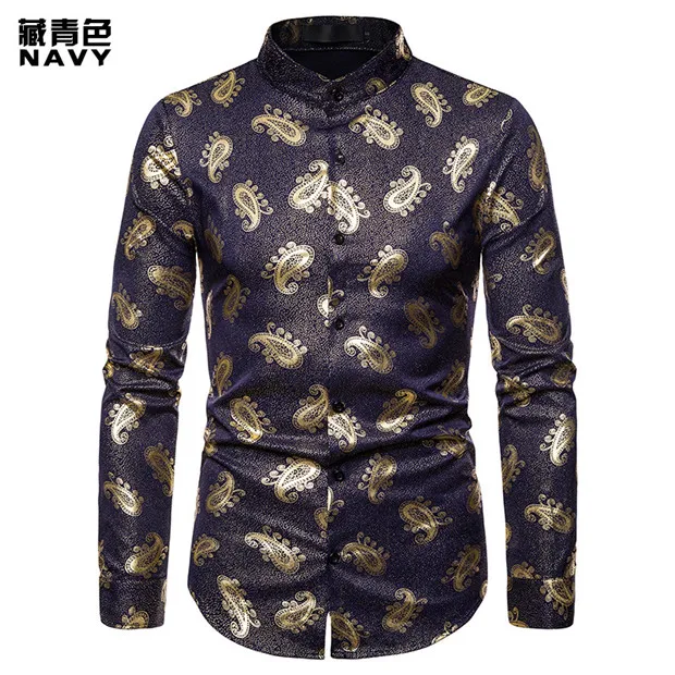 navy Роскошная золотая рубашка с орнаментом Пейсли Мужская Chemise Homme брендовая белая мужская рубашка с длинными рукавами и воротником-стойкой свадебные рубашки для жениха - Цвет: navy