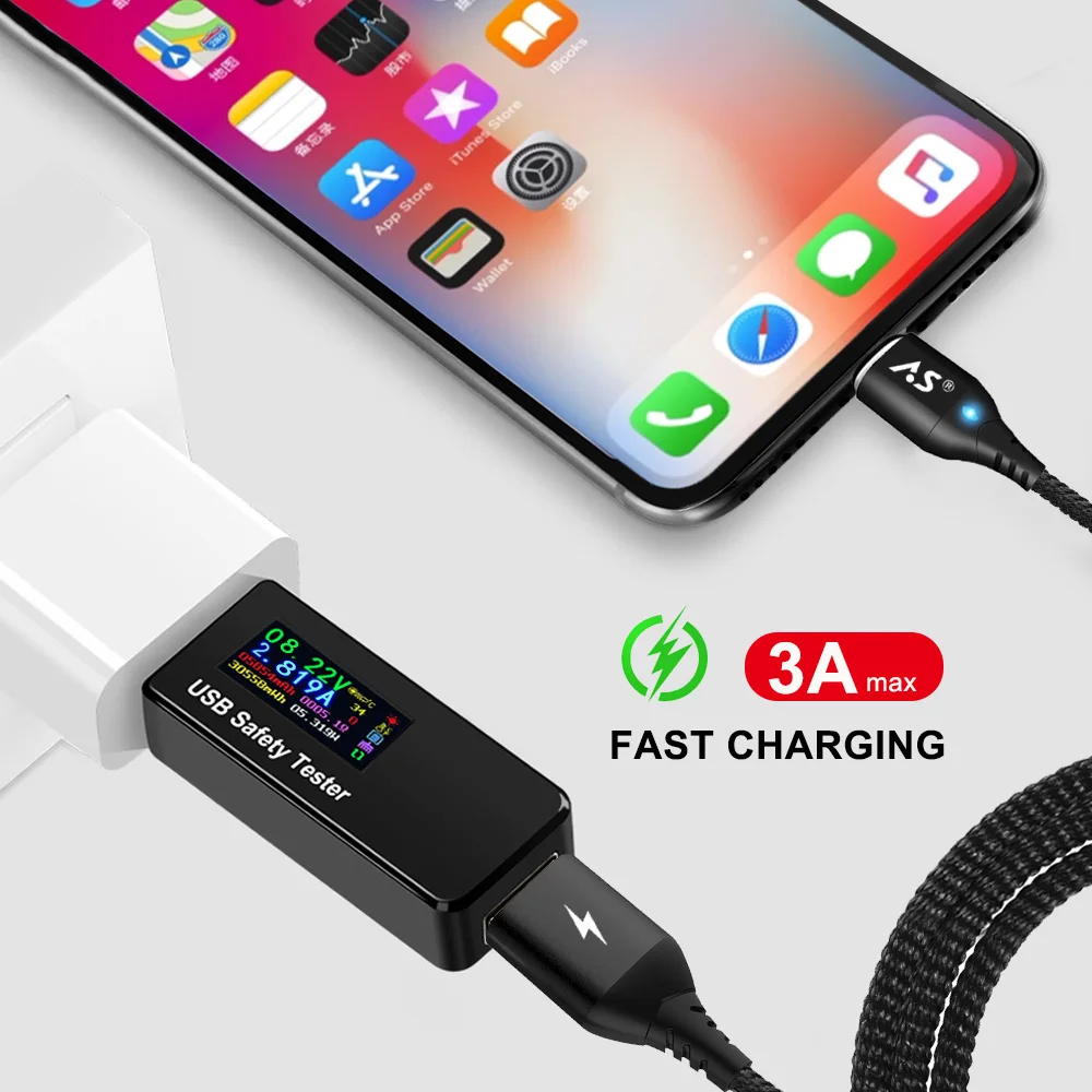 Магнитный кабель A.S 3A для iPhone X XS XR, супер быстрая зарядка, Магнитная Зарядка для телефона, зарядное устройство USB для iPad iPhone 8 7 6 Plus 5 SE iOS 11 12