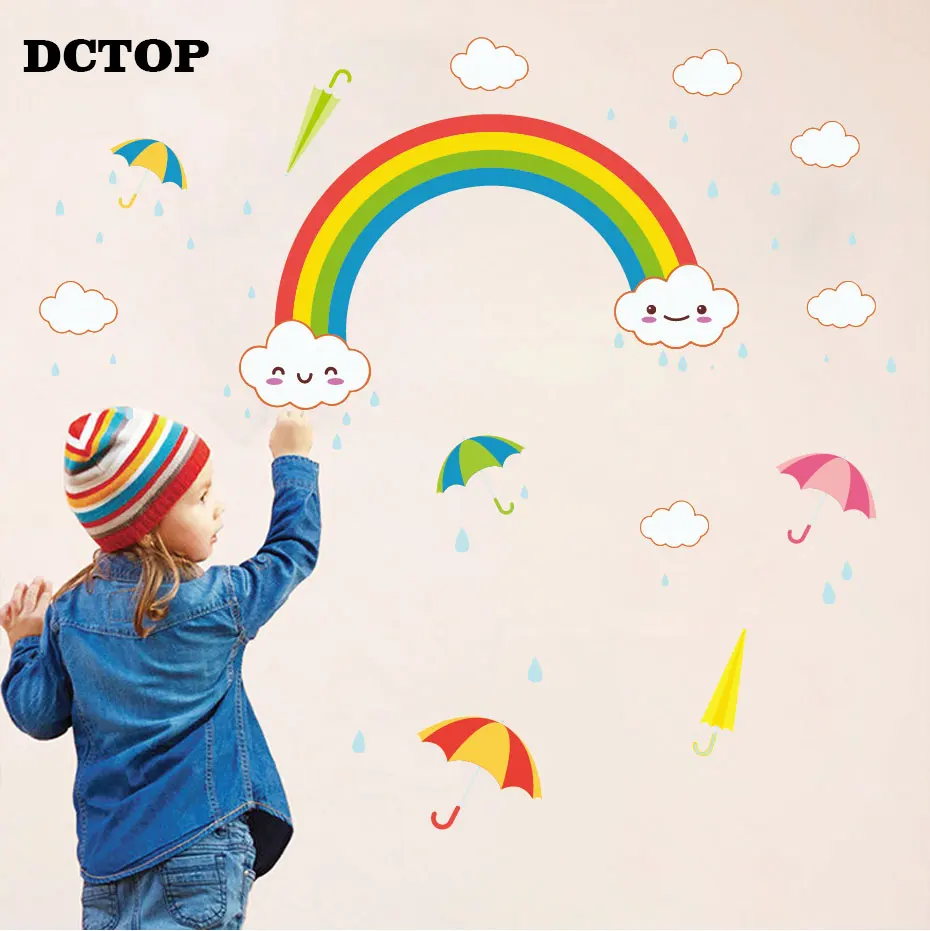 Cute Cloud and Rainbow umbrella Wall Decal Children's Kids DIY Art Vinyls Stickers Living Room Bedroom Home Decorative Wallpaper