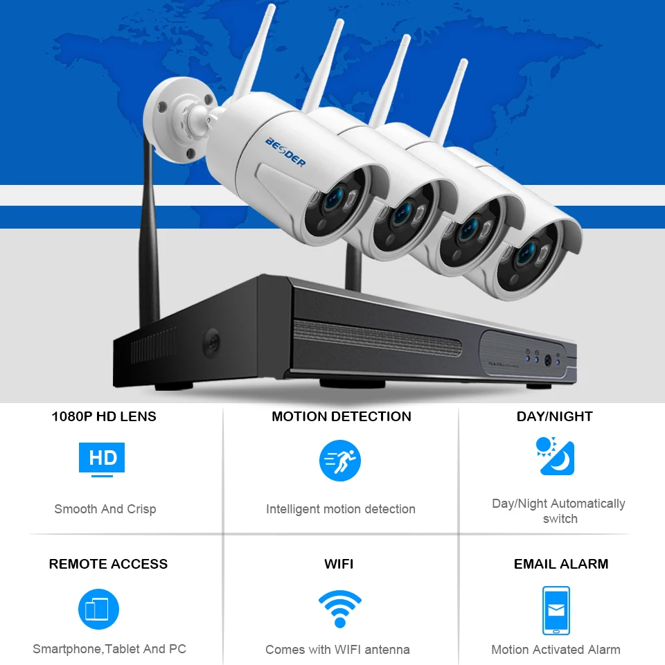 BESDER 4CH Full HD 1080P Беспроводной NVR комплект подключи и играй P2P 2MP Крытый Открытый ИК