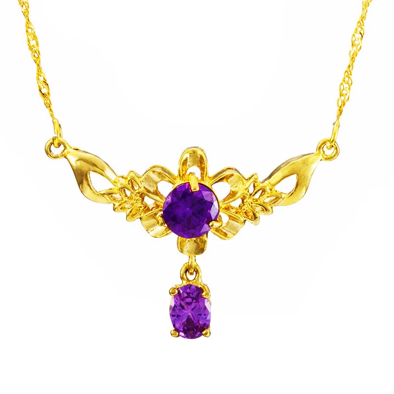 MHXFC Европейская мода женский праздничный свадебный подарок розовый синий Солнечный цветок AAA Циркон Настоящее 18KT золото кулон ожерелье NL146 - Цвет камня: purple