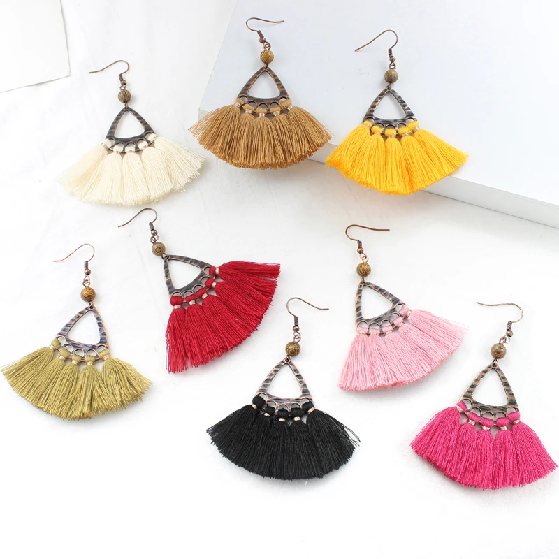 

Metal triangle hanging braided fashionable cotton rope fringed Earrings Bohemian style 8-color lady charming Earrings Jewelry