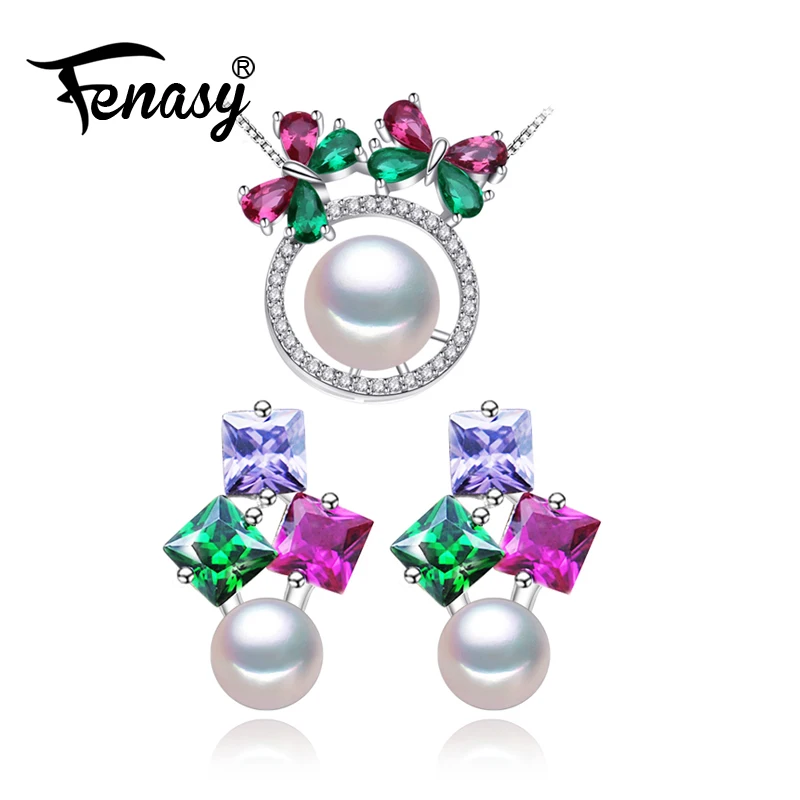 

FENASY 925 Sterling Silver pearl jewelry sets for women,natural stud earrings chain pendant necklace engagement set