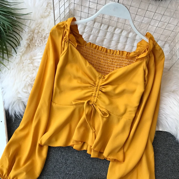 

2019 new fashion all match women blouse lantern sleeved v-neck slim sexy lady elegant solid shirts outwear tops