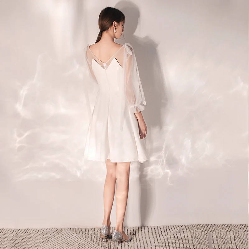 SSYfashion с v-образным вырезом с длинными рукавами на молнии сзади выше колена Мини белое коктейльное платье Короткие вечерние платья вечернее элегантное торжественное платье