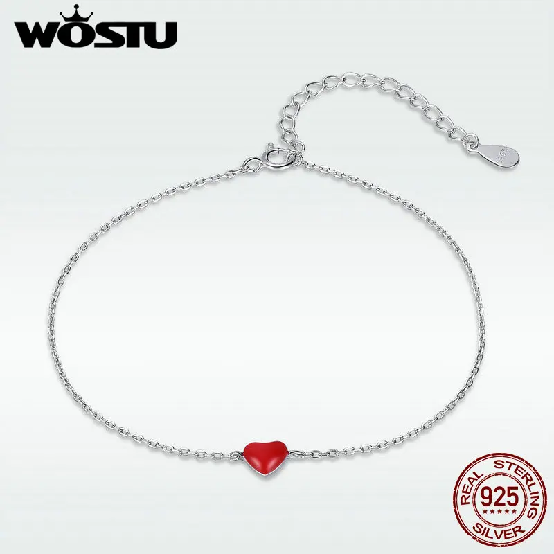 WOSTU Настоящее 925 пробы Серебряный Модный эмалевый красное сердце цепочка браслет для женщин Аутентичные Серебряные вечерние ювелирные изделия подарок DZB016