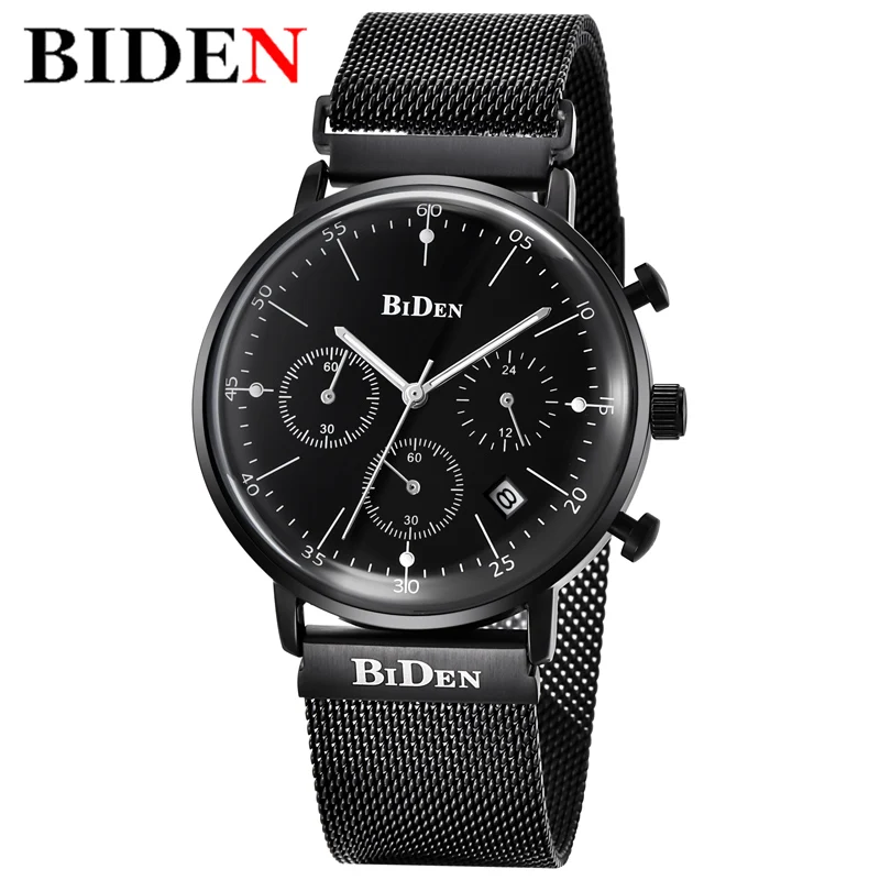 Мужские часы BIDEN, Топ бренд, роскошные мужские модные спортивные часы, мужские наручные часы с хронографом из нержавеющей стали, Relogio Masculino - Цвет: Black Black