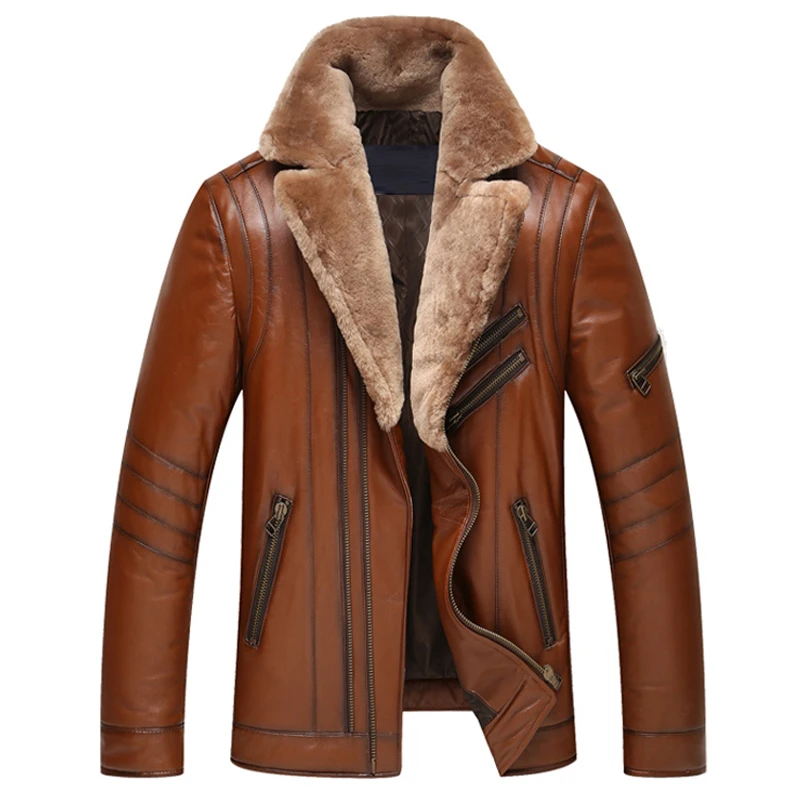 Men's Genuine Leather Down Jacket Wool Collar Sheep Leather Jacket ...