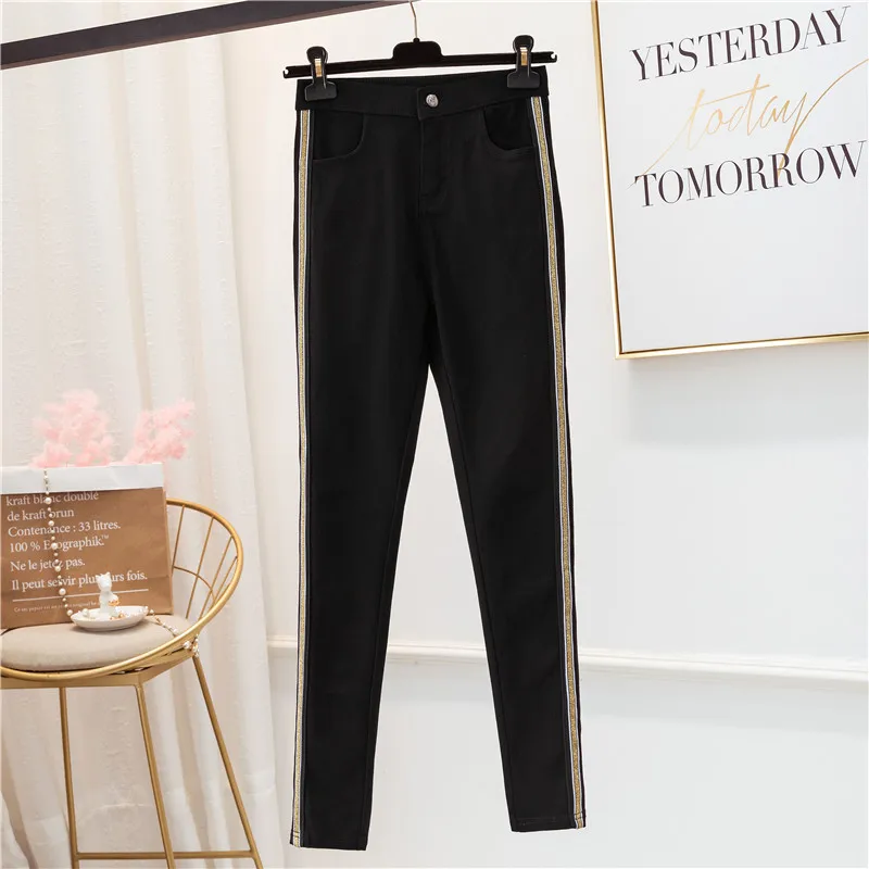 

JUJULAND Autumn Women Side Striped Pants Trousers Casual High Elastic Waist Slim Pencil Pants female Sweatpants Plus Size 1912