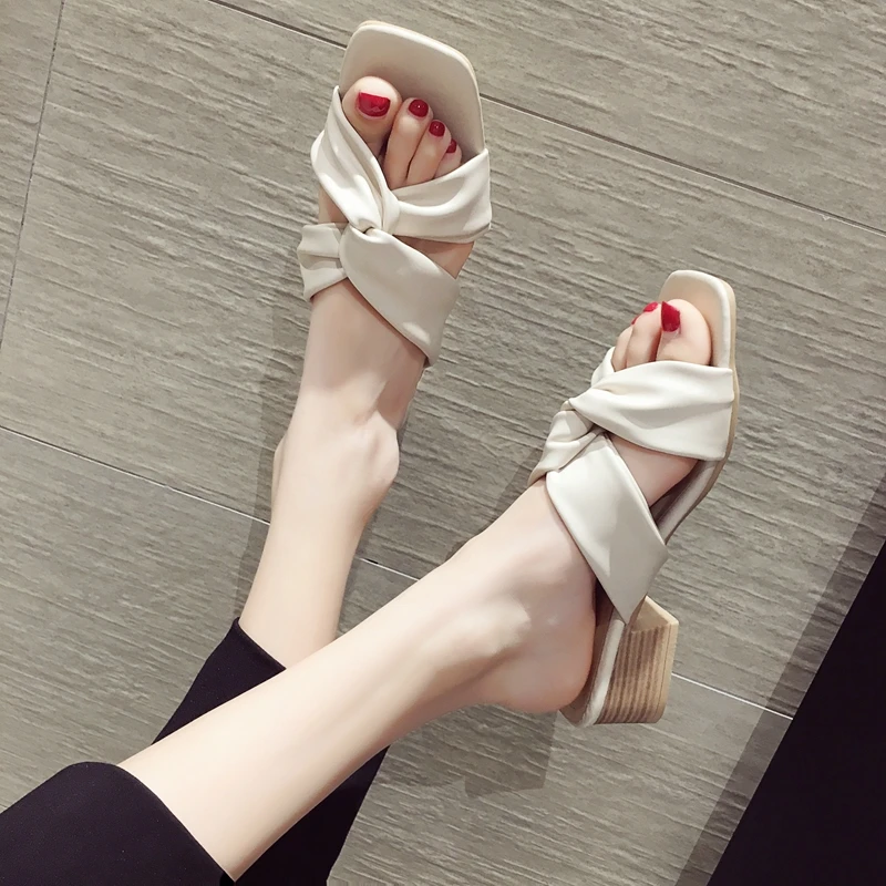 

SLHJC Women Summer Leather Sandals Med Chunky Block Heel Open Toe Slip On Cross Belted Slides Outside Pumps Slippers