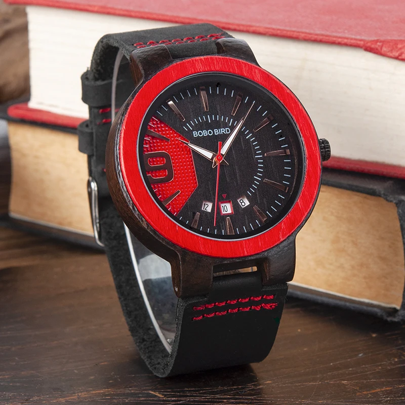 BOBO BIRD Men Watch Brand Wood Case Strap Auto Calendar Timepiece Customization Gift Box