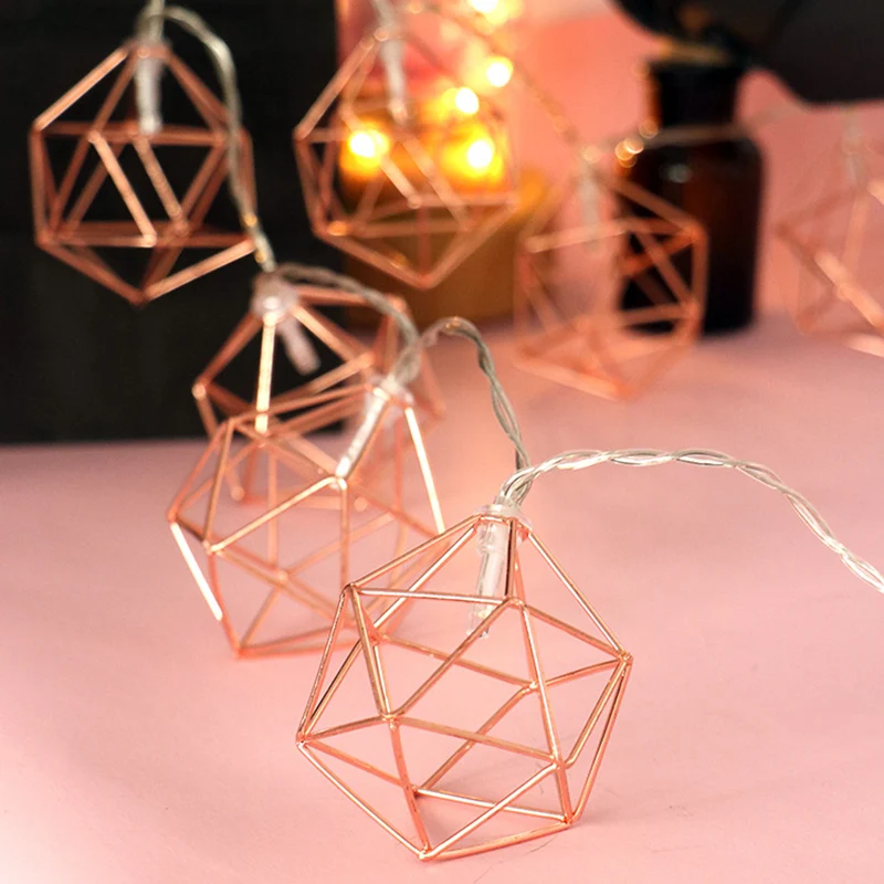 

3M 20 LED Rose gold Copper Wire LED String Light Iron Geometric hexagons With 3*AA battery Adapter For Valentines Party Wedding