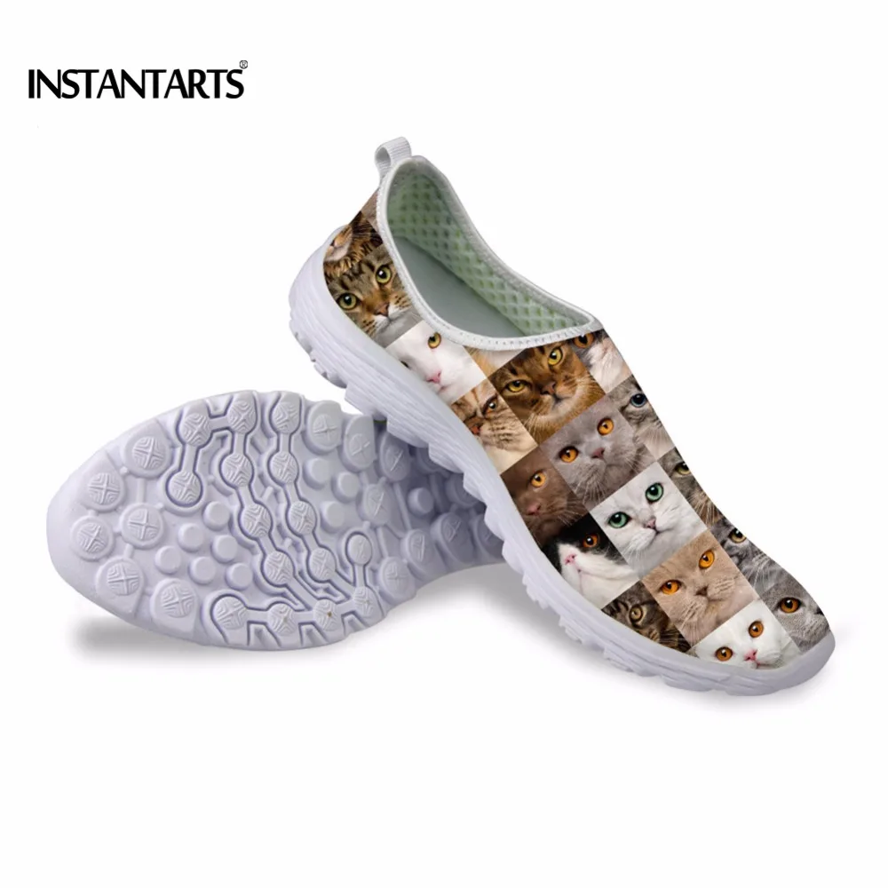 

INSTANTARTS Cute Cat Puzzle Casual Air Mesh Flat Shoes Women Teen Girl Summer Breathable Slip On Walking Sneakers Adult Zapato