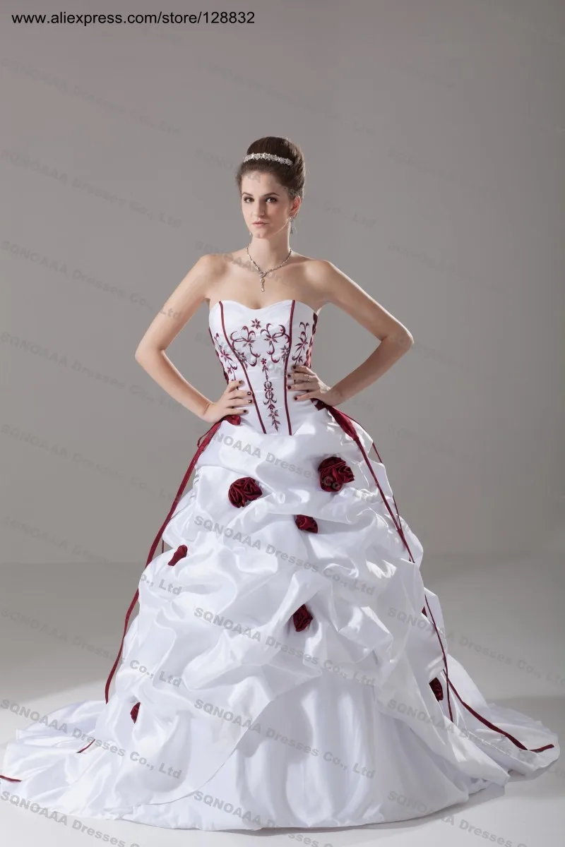 Plus Size Wedding Dress Burgundy Embroidery Ivory White
