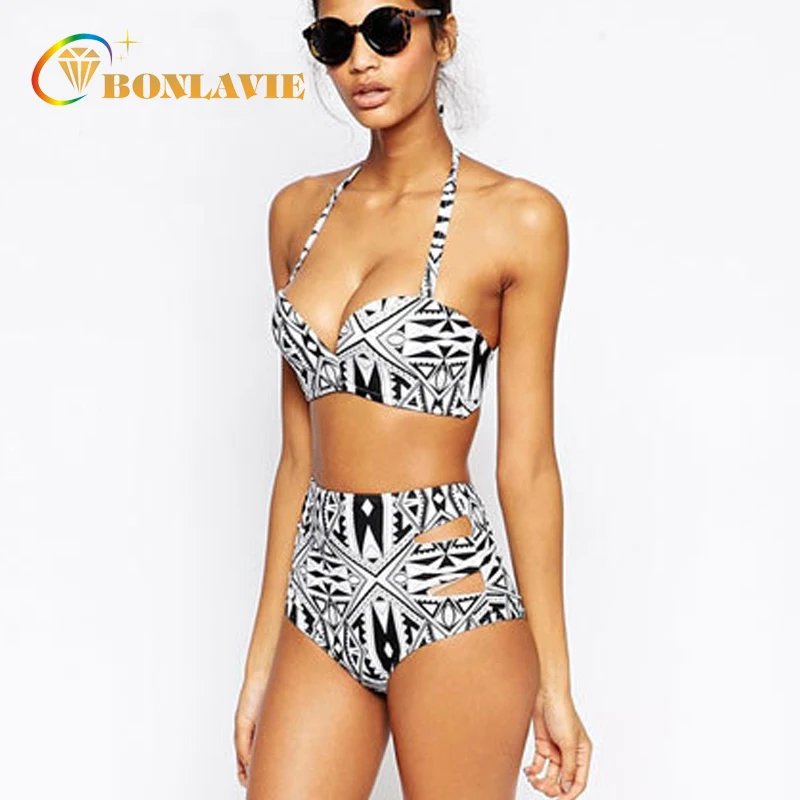 

High Waist Swimsuit Halter Bandage Biquines Retro Vintage Bikini Set 2017 Plus Size Swimwear Women Beach Bathing Suit