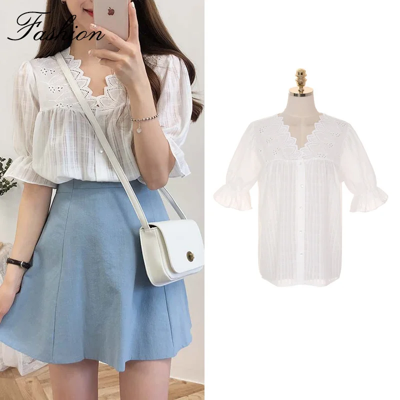 

Korea Japan Style Kawaii Lace Panel Shirts Cute Patchwork Elegant V-Neck Sexy Women Summer Lady Party Top 6275