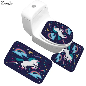 

Zeegle Unicorn Printed 3pcs Bath Mat Absorbent Bathroom Rug Flannel Bathroom Floor Mat Bath Rugs Anti-slip Bathroom Carpet