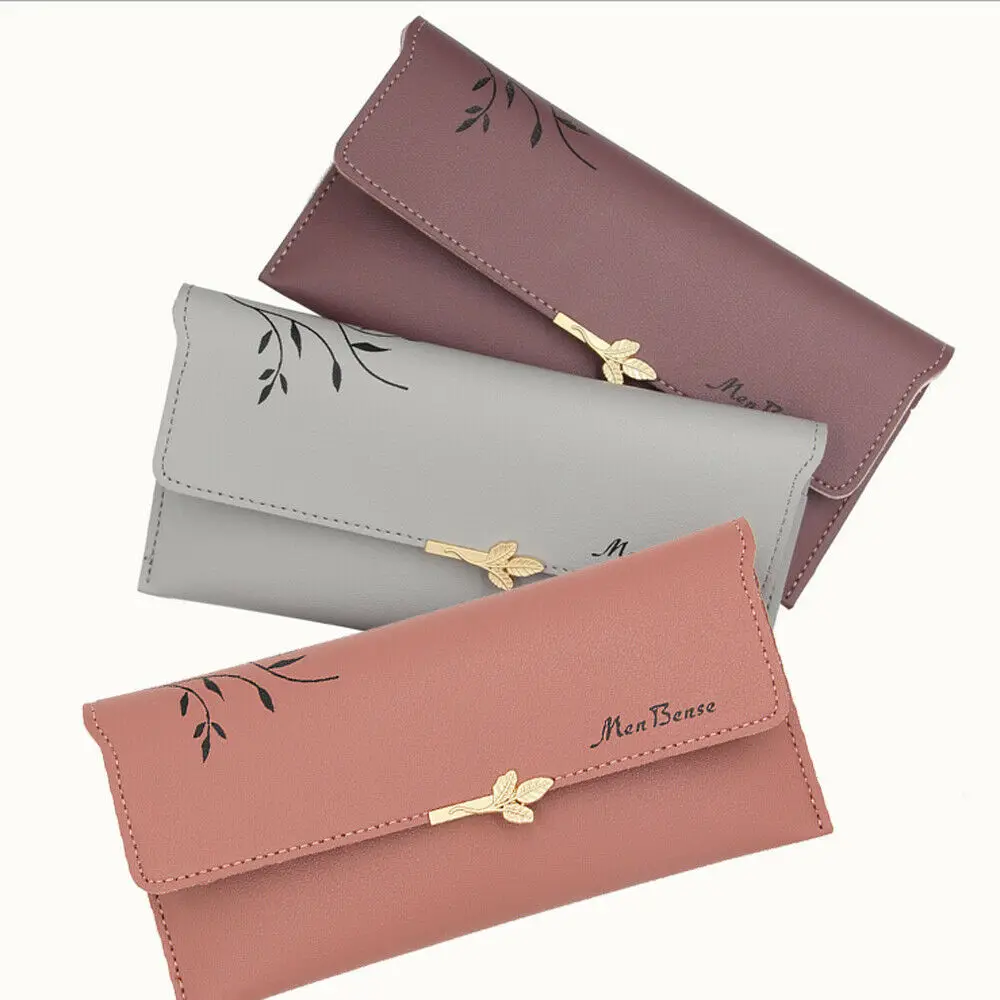 

2019 New Style Women Leaves Long Slim Wallet Leather Clutch Money Hasp Holder Casual Large Capacity Purse