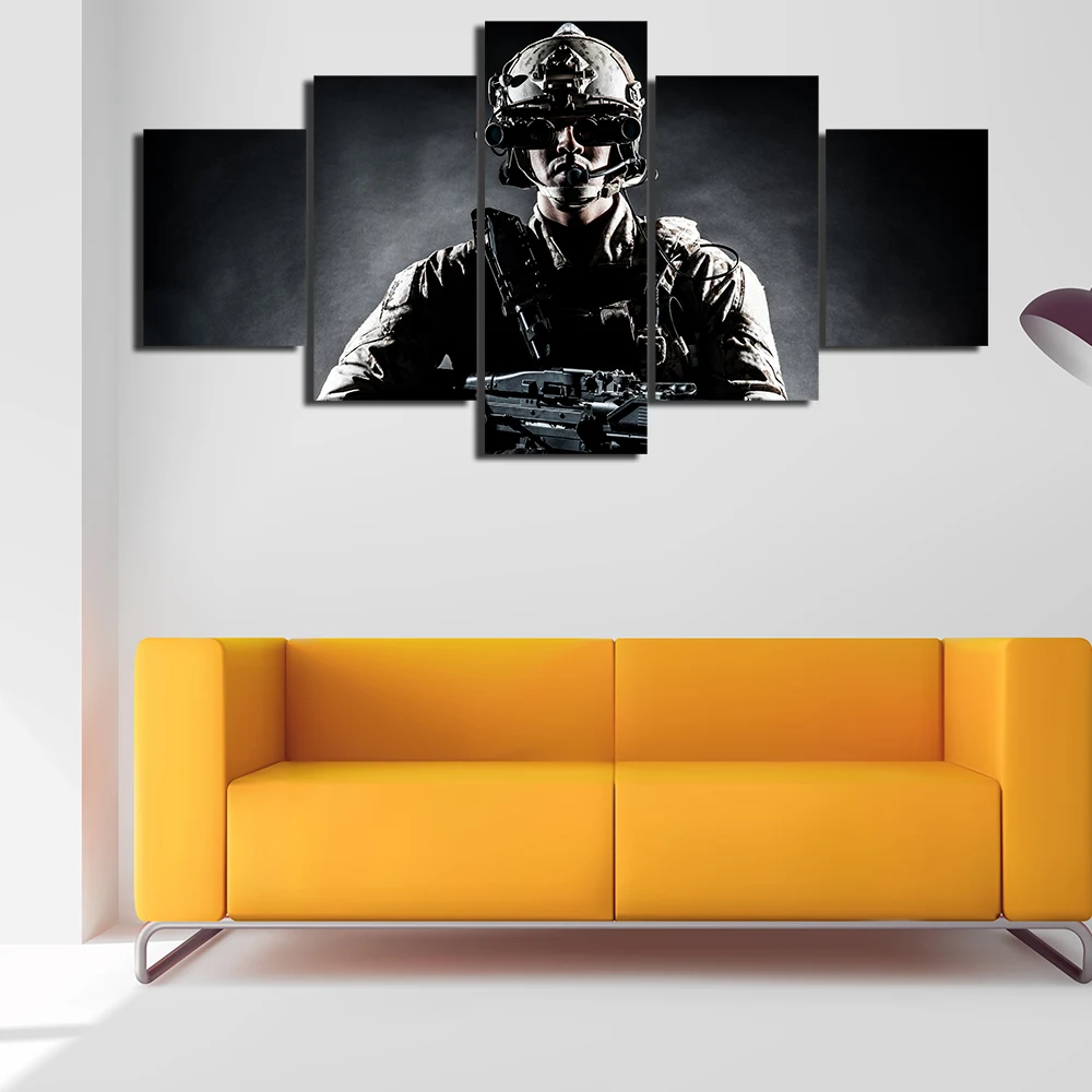 Framed 5 Panel War Picture Modern Wall Painting Soldier Art Picture