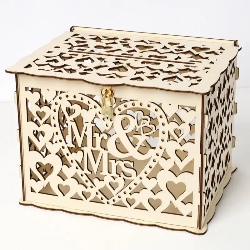 Полые DIY свадебная открытка коробка контейнер деревянная коробка для денег с замком Свадебная вечеринка украшения поставки Прямая