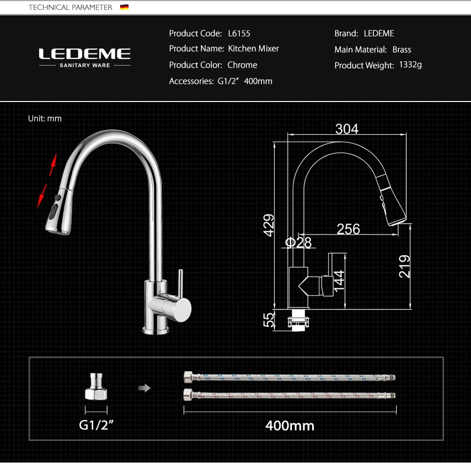 LEDEME, смеситель для кухни с одной ручкой, кран для раковины, вытяжной кран с несколькими выходами воды, кухонный кран, современный, для горячей и холодной воды, L6155