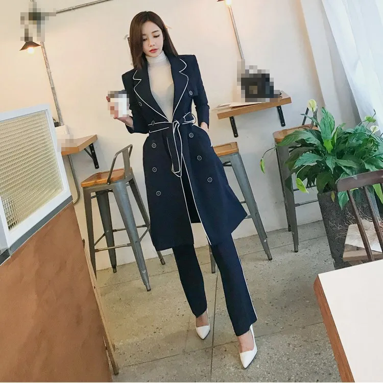 Solide Ceinture Blazer Mode Élégant Femmes Pantalon Bleu Hiver Mis Costumes Manteau 2018 Kimono Épais Automne Longue Breasted Double À OPwg7pZqx