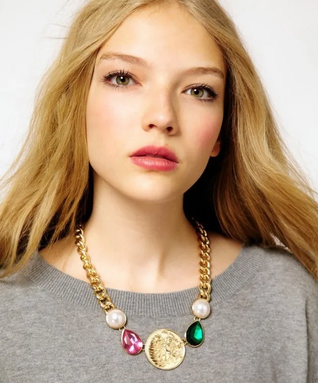 

2014 New Unique Design Women Colorful Rhinestone Gold Chain Chunky Choker Bib Statement Necklaces N1507