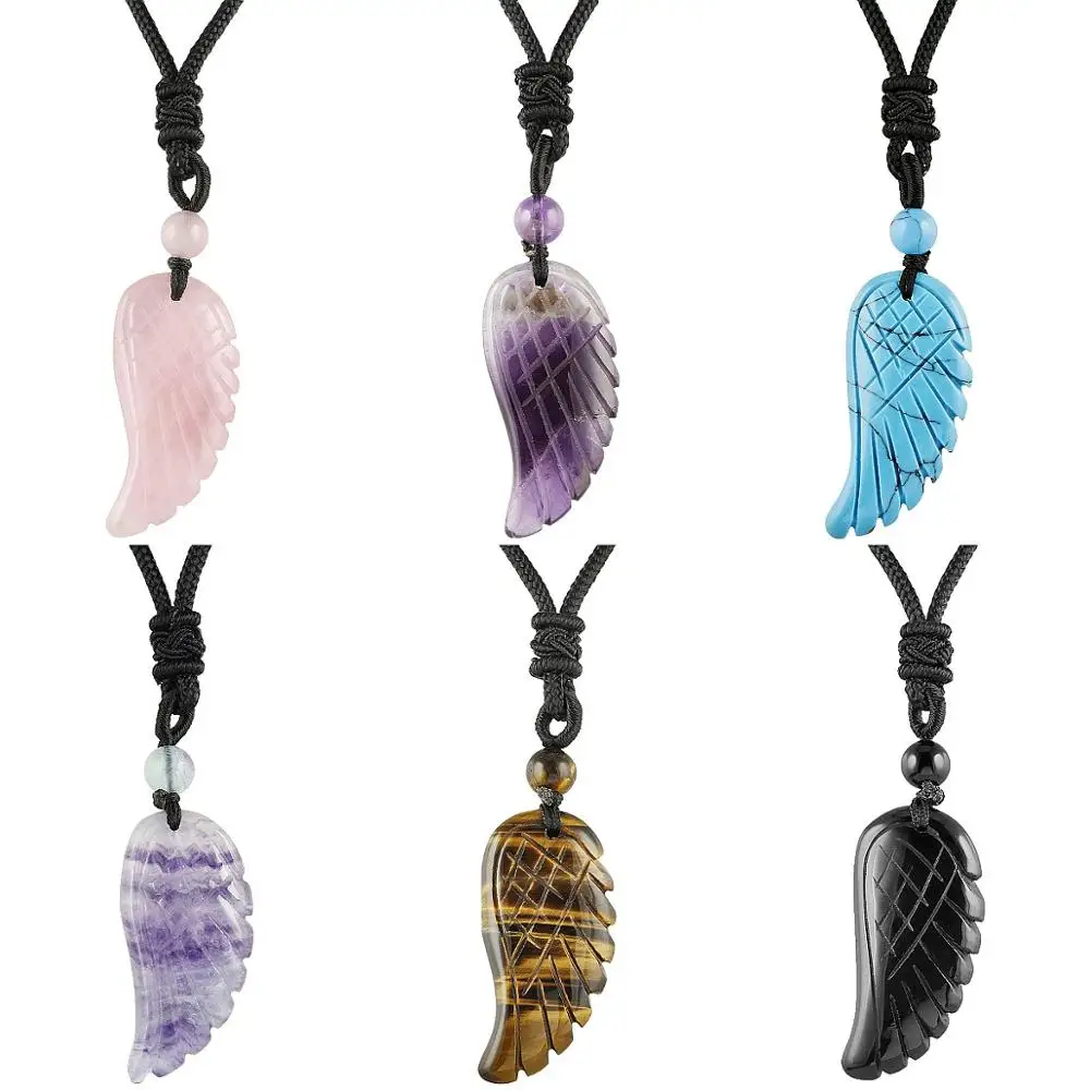 

TUMBEELLUWA Healing Crystal Stone Angel Wings Healing Reiki Charm Pendant Necklace Adjustable Nylon Cord