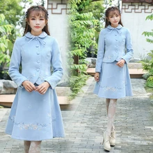 2017 Autumn Women Clothing set Vintage Retro Embroidery Peter pan Collar Jacke Coat & A-line Skirt