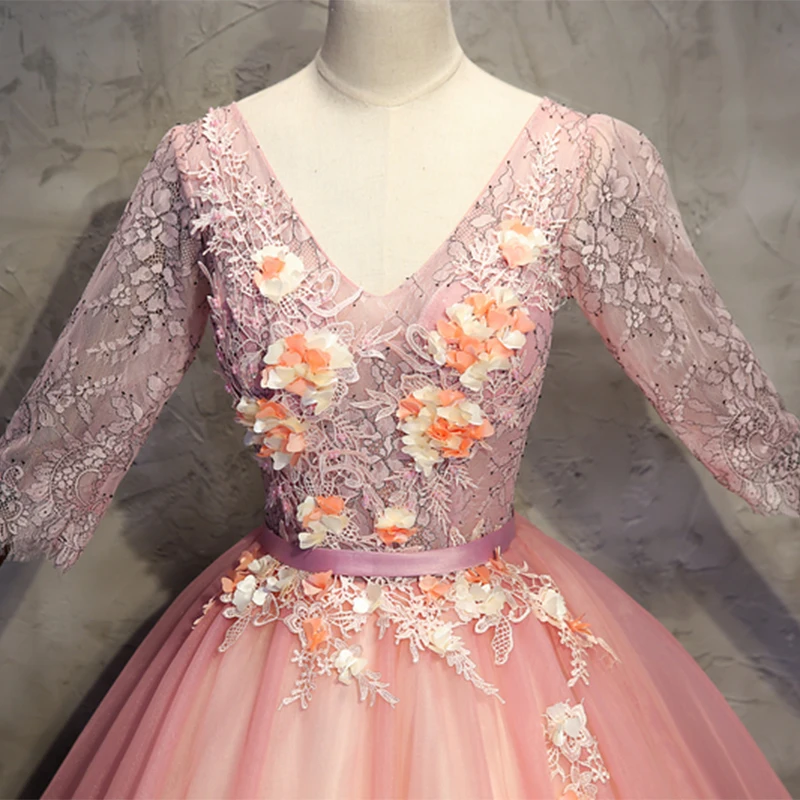 Розовое Бальное Платье кружевные платья для Quinceanera с длинным рукавом 15 милые