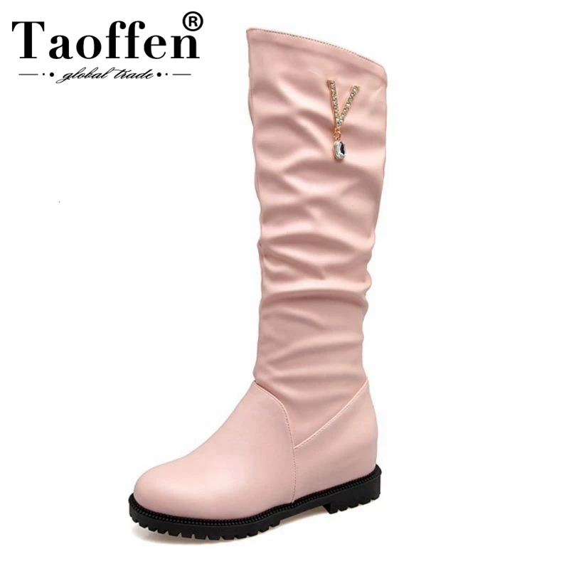 TAOFFEN Size 34-43 Women Wedge Boots Winter Knee Shoes Round Toe Buckle Woman Elegant Fashion Footwear | Обувь