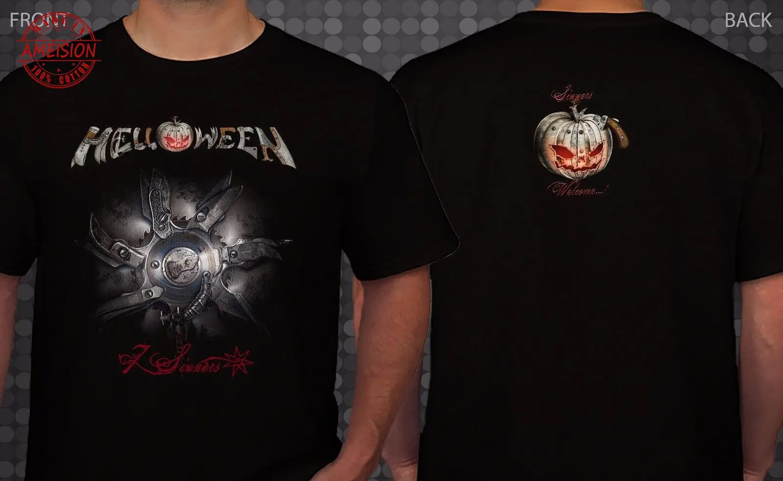 Летняя HELLOWEEN-7 грешников-немецкая тяжелая металлическая лента, футболка, размеры: S до 3XL новый дизайн Хлопковая мужская футболка дизайн Топ