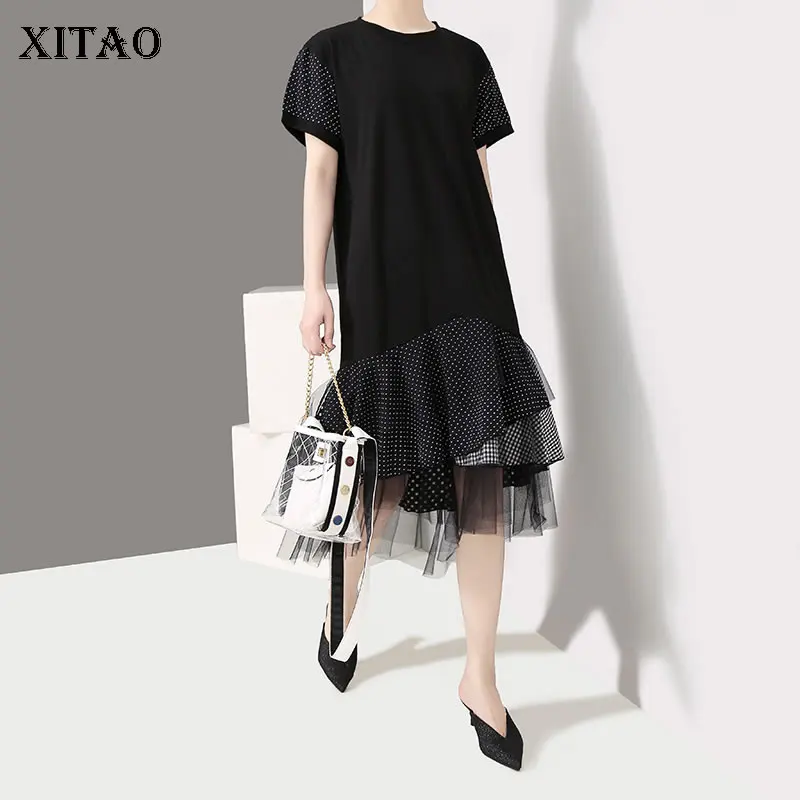 

XITAO Mesh Dot Ruffle Women Dress O Neck Patchwork Irregular 2019 Summer Korea Fashion Temperament Cold Wind Pullover ZLL3476