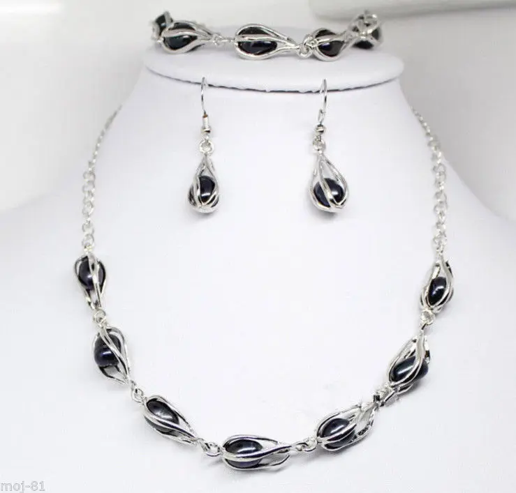

hot Free shipping Elegant Natural Black Freshwater Pearl Necklace Bracelet Earrings Set (A0423)