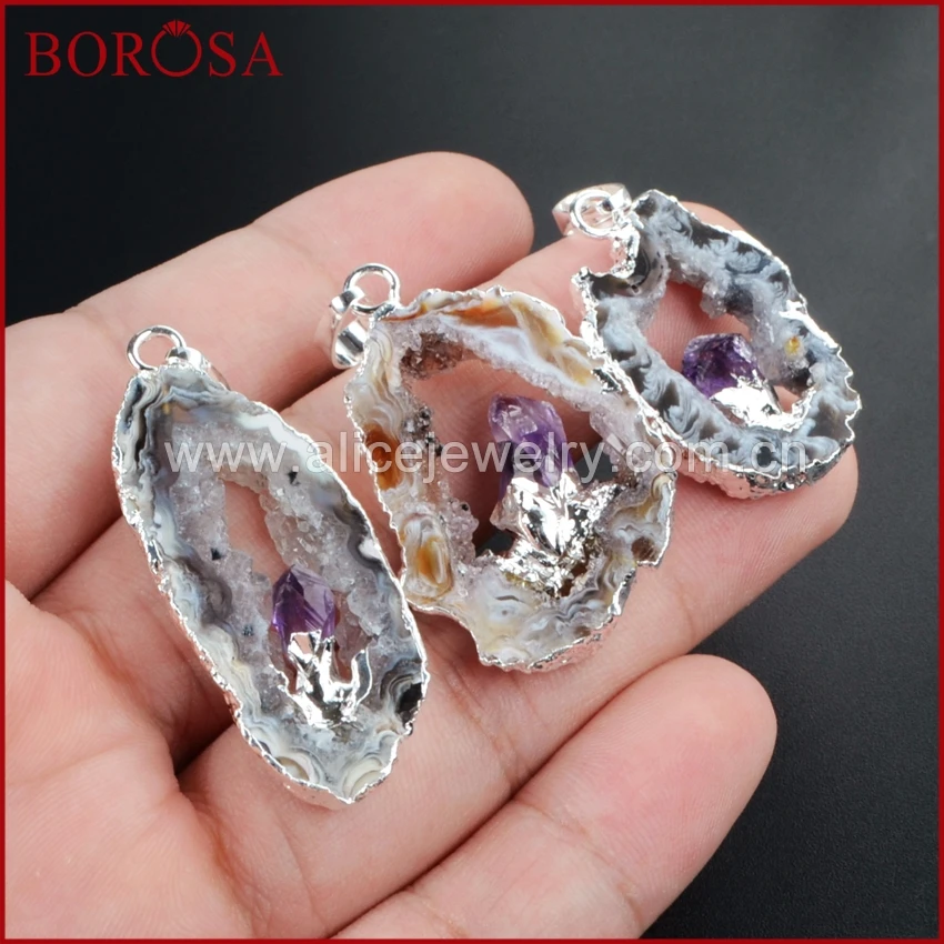 

BOROSA Silver Color Natural Color Freeform Natural Onyx Druzy Drusy Crystal Slice Pendant Inlay Natural Purple Crystal WX008