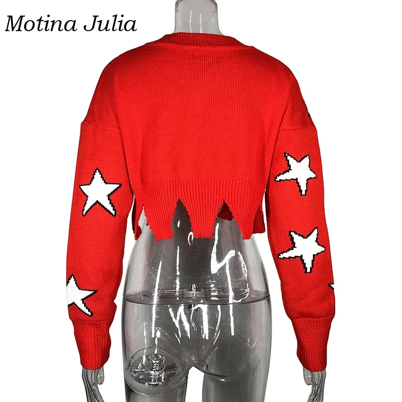 Motina Julia Рождественский свитер со звездами для женщин с v-образным вырезом, обрезанный вязаный джемпер, повседневные женские топы