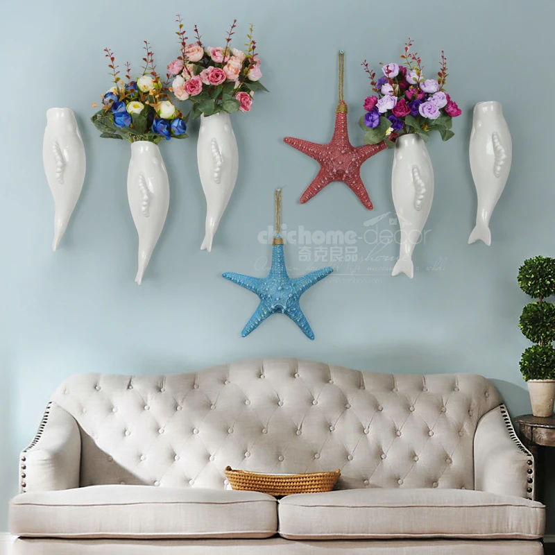 

Modern ceramic fish bottle flower Starfish combination wall art creative home office restaurant decoration