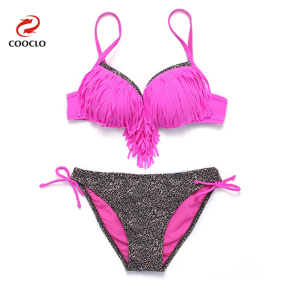 

COOCLO Fringe Bikini 2018 Padded Push up Swimwear Women Swimsuit Sexy Bikini Set Bathing Suit Tie Side Bottom Leopard Biquinis