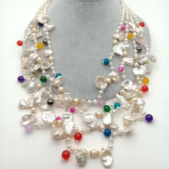 

21" 4 Strands Cultured White Keshi Pearl Multi Color Necklace