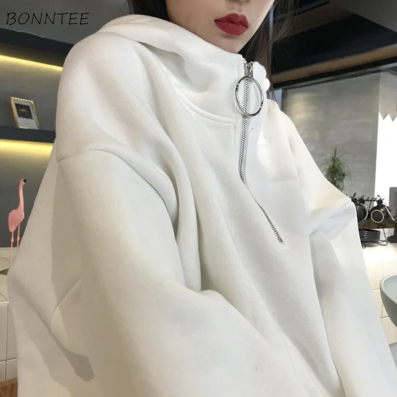  Hoodies Women Winter Elegant Warm Full Sleeve Hooded Thicken Plus Velvet Womens Pullover Solid Long
