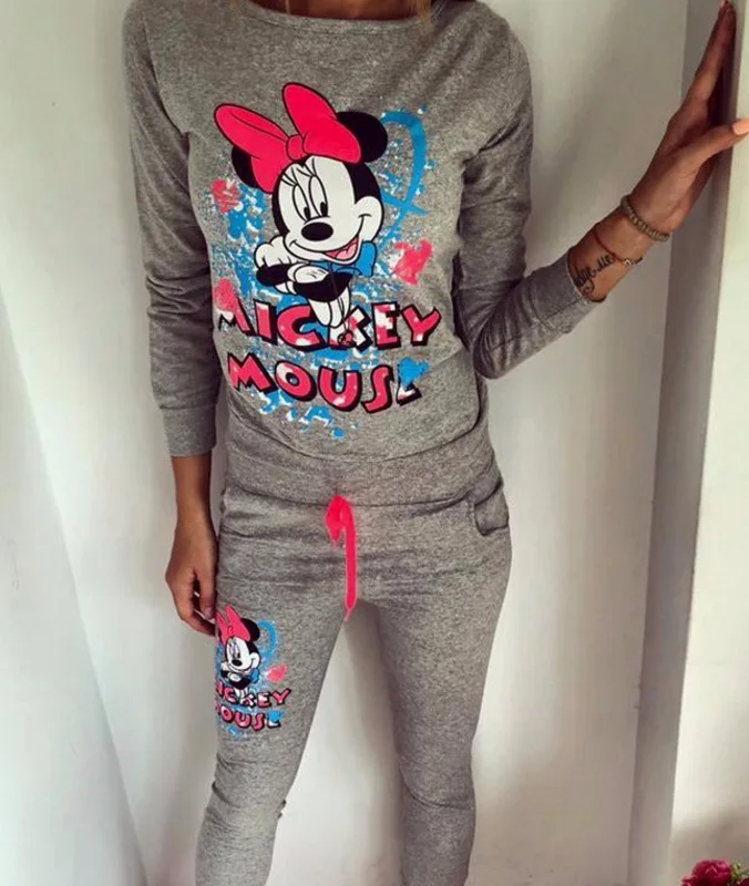 2016 Mickey Print O neck Long Sleeve Hoodies Pant Two Pieces Set Hot Sale Breathable Solid